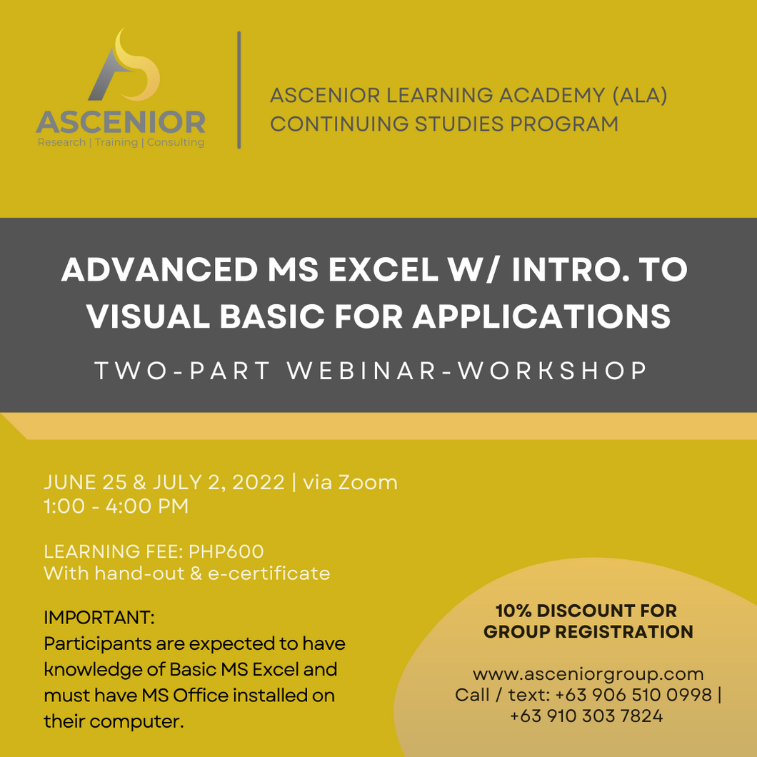 Advanced MS Excel with Intro. to Visual Basic for Applications (VBA): Two-Part Workshop-Webinar | June 25 & July 2
